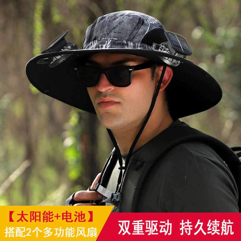 Detachable solar charging fan built-in wide-brimmed hat summer outdoor sun hat men's mountaineering fishing hat