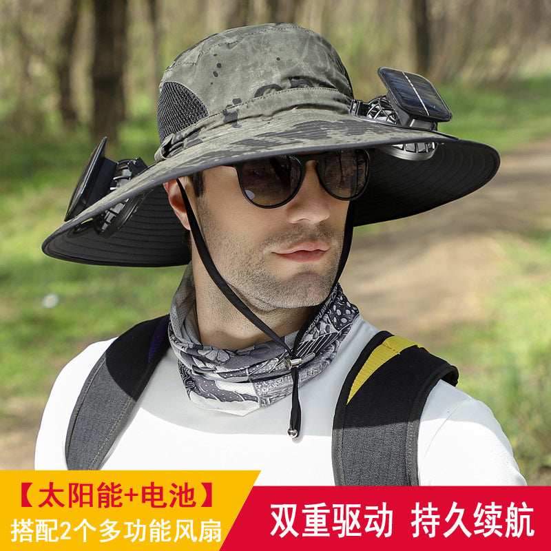 Detachable solar charging fan built-in wide-brimmed hat summer outdoor sun hat men's mountaineering fishing hat