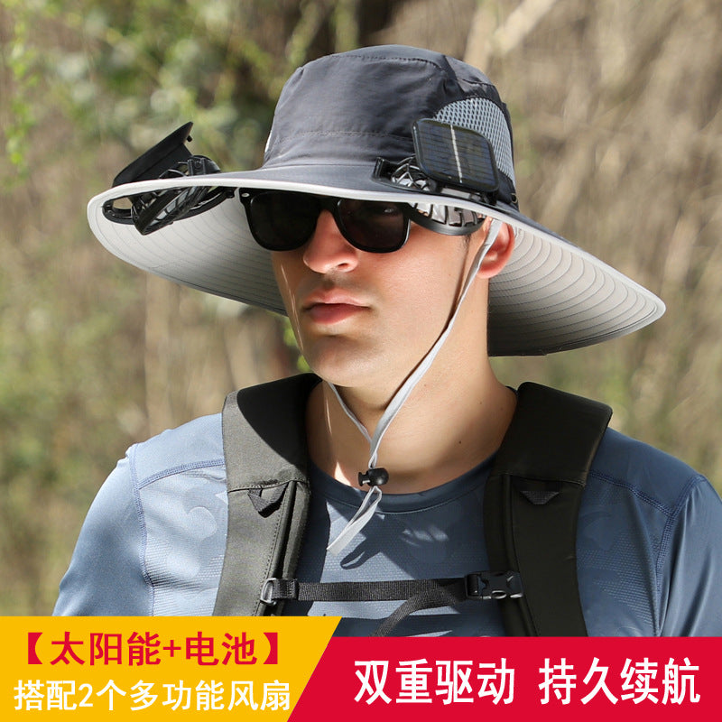 Detachable solar charging fan built-in wide-brimmed hat summer outdoor sun hat men's mountaineering fishing hat