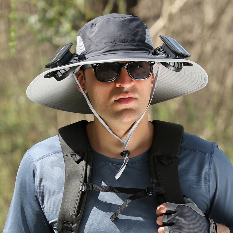Detachable solar charging fan built-in wide-brimmed hat summer outdoor sun hat men's mountaineering fishing hat