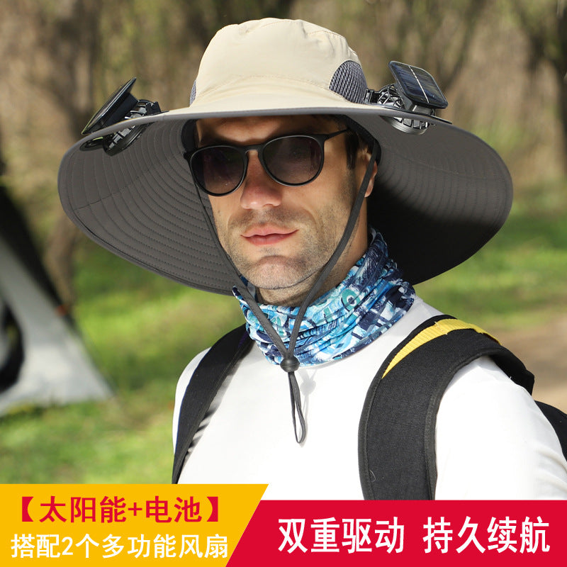 Detachable solar charging fan built-in wide-brimmed hat summer outdoor sun hat men's mountaineering fishing hat
