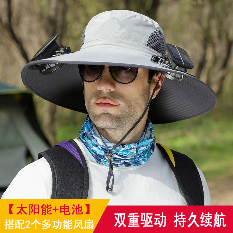 Detachable solar charging fan built-in wide-brimmed hat summer outdoor sun hat men's mountaineering fishing hat
