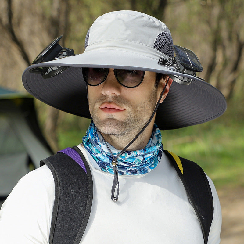 Detachable solar charging fan built-in wide-brimmed hat summer outdoor sun hat men's mountaineering fishing hat