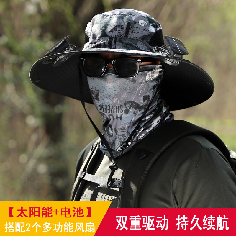 Detachable solar charging fan built-in wide-brimmed hat summer outdoor sun hat men's mountaineering fishing hat