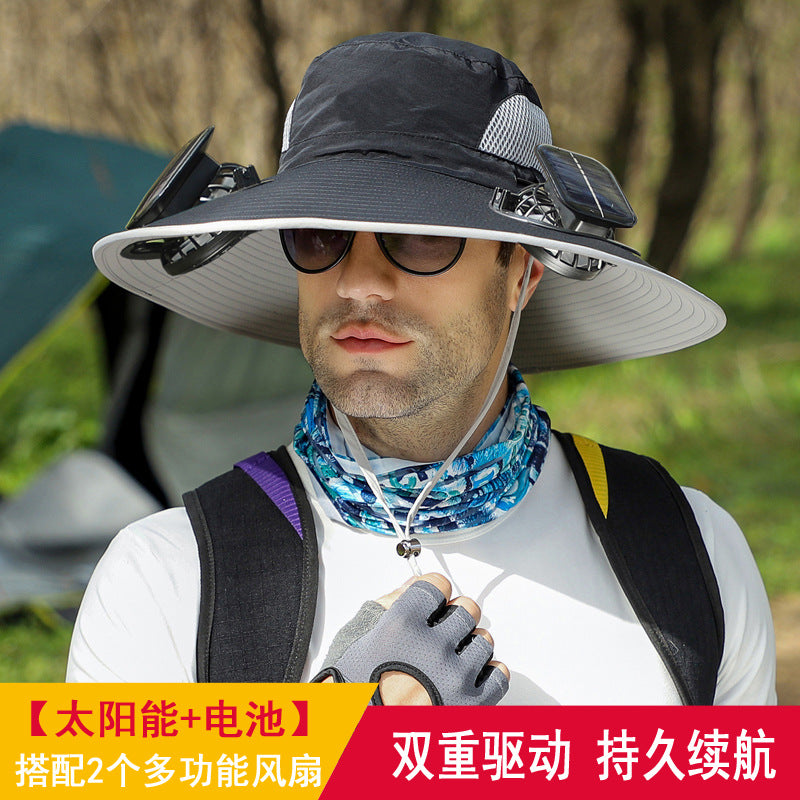 Detachable solar charging fan built-in wide-brimmed hat summer outdoor sun hat men's mountaineering fishing hat