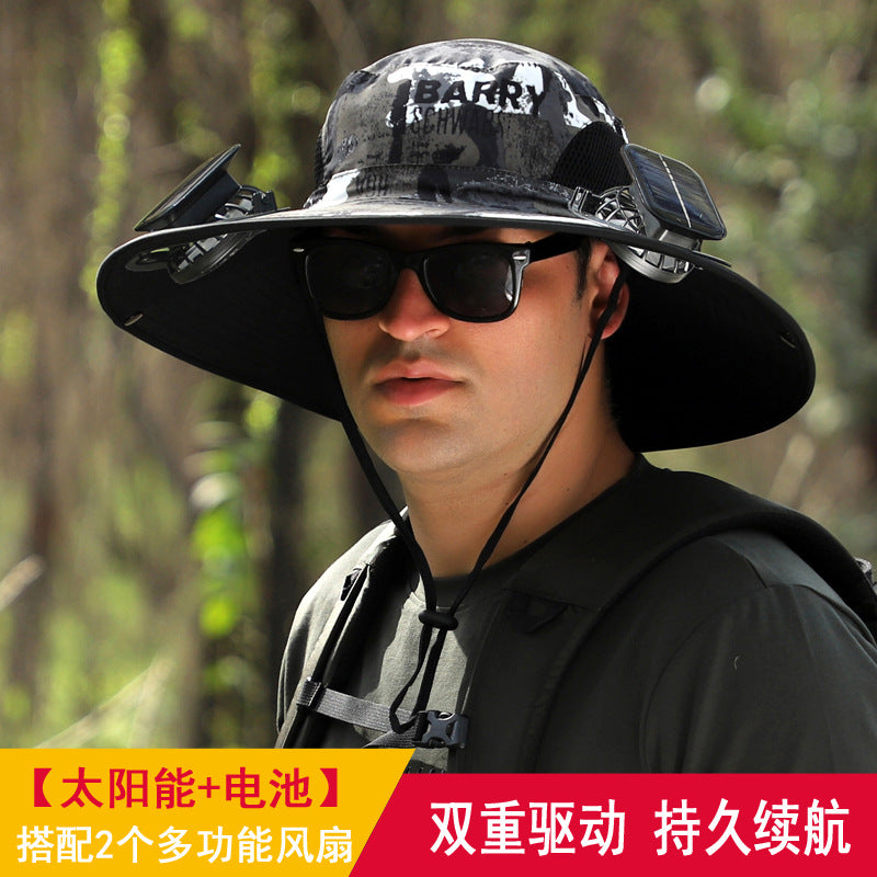 Detachable solar charging fan built-in wide-brimmed hat summer outdoor sun hat men's mountaineering fishing hat