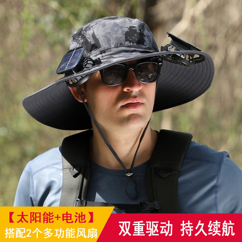 Detachable solar charging fan built-in wide-brimmed hat summer outdoor sun hat men's mountaineering fishing hat