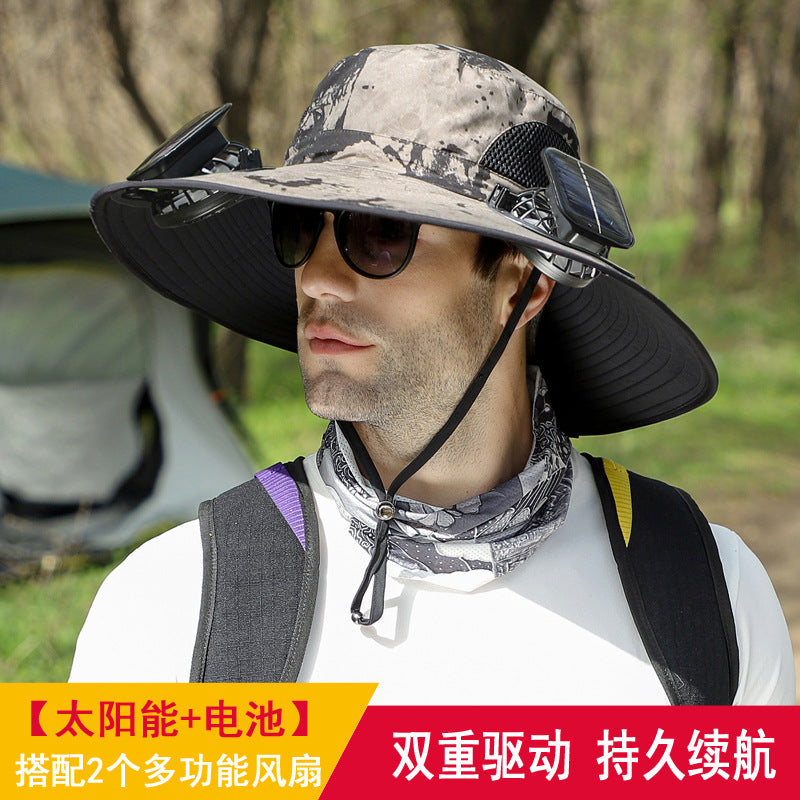Detachable solar charging fan built-in wide-brimmed hat summer outdoor sun hat men's mountaineering fishing hat