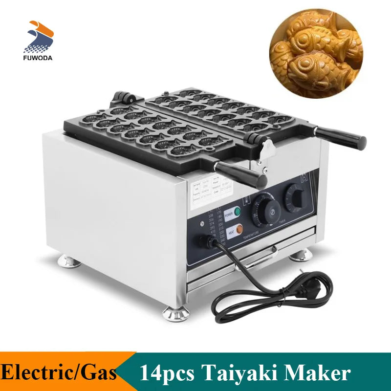 Commercial Small Taiyaki Waffle Maker 14 PCS Mini Fish Shaped Pan Cake Making Machine Gas or Electric Model Kitchen Appliance